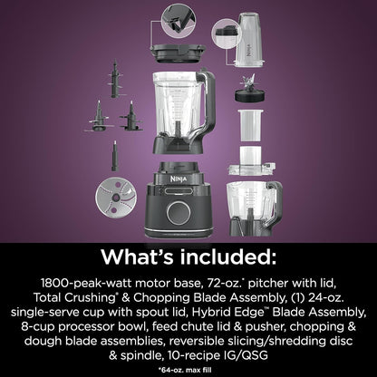 Ninja TB401 Detect Kitchen System Power Blender + Processor Pro, Blendsense Technology, Blender, Chopping & Smoothies, 1800 Peak Watts, 72 Oz. Pitcher, 64 Oz. Food Processor, 24 Oz. To-Go Cup, Black