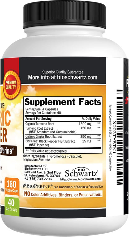 Turmeric and Ginger Supplement with Bioperine - 2000Mg High Absorption, 95% Curcuminoids - Non-Gmo, Gluten-Free Turmeric Supplement for Joint and Immune Support - 160 Capsules