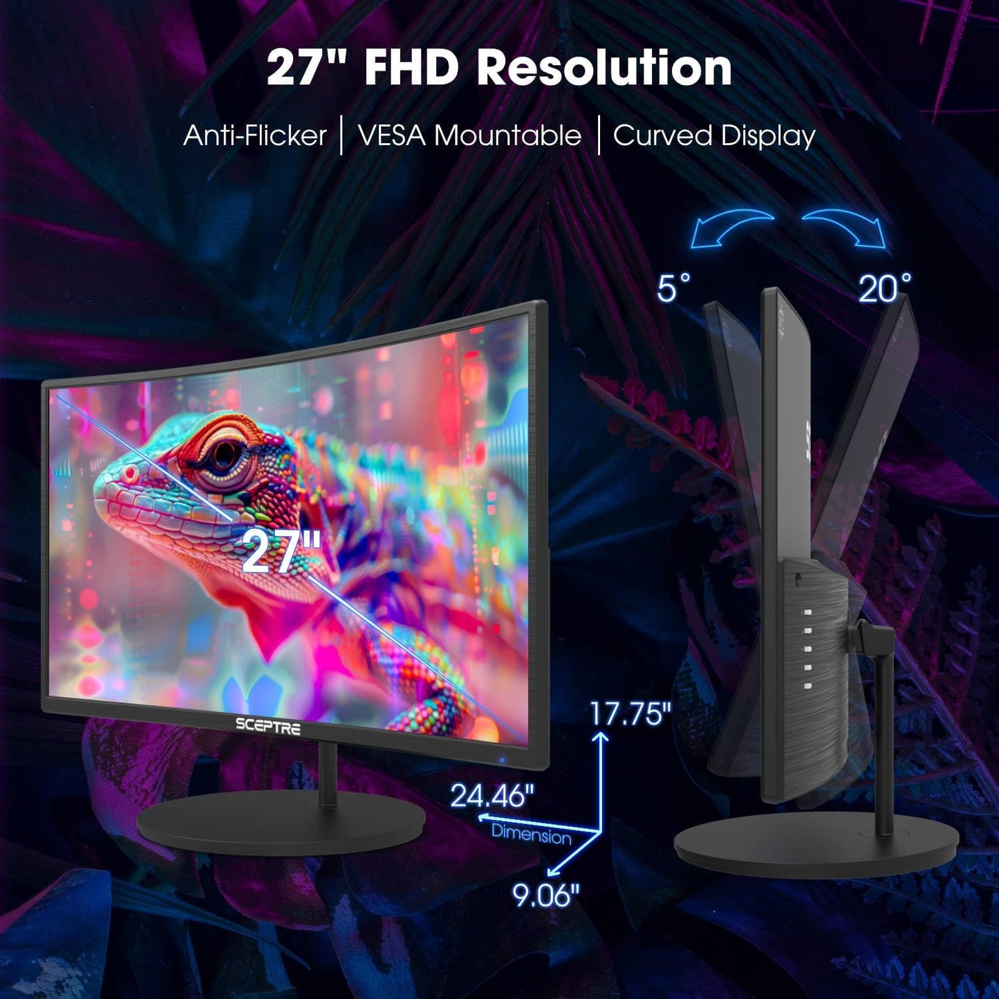 Sceptre Curved 27" FHD 1080P 75Hz LED Monitor HDMI VGA Build-In Speakers, EDGE-LESS Metal Black 2019 (C275W-1920RN)