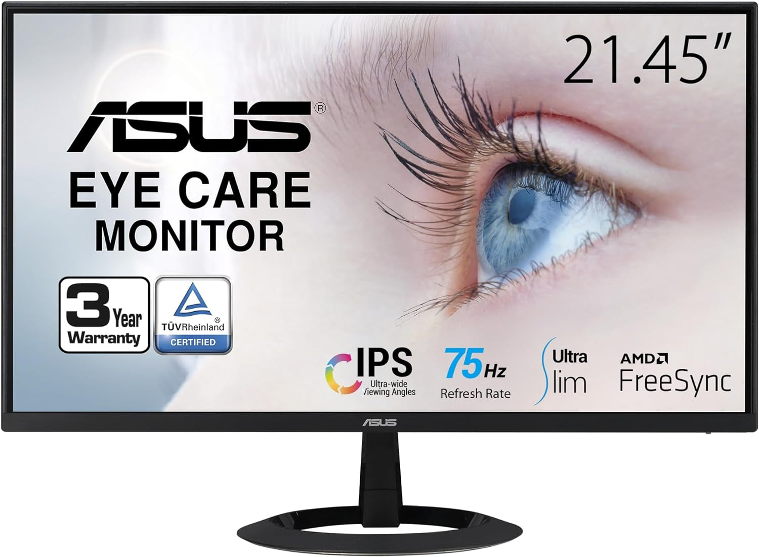 ASUS 22” (21.45” Viewable) 1080P Eye Care Monitor (VZ22EHE) - Full HD, IPS, 75Hz, 1Ms (MPRT), Adaptive-Sync, HDMI, Low Blue Light, Flicker Free, HDMI, VGA, Ultra-Slim,Black