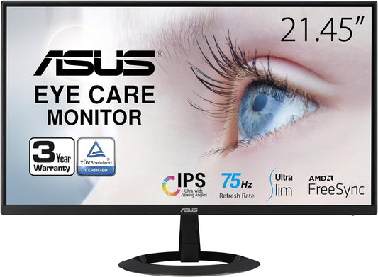 ASUS 22” (21.45” Viewable) 1080P Eye Care Monitor (VZ22EHE) - Full HD, IPS, 75Hz, 1Ms (MPRT), Adaptive-Sync, HDMI, Low Blue Light, Flicker Free, HDMI, VGA, Ultra-Slim,Black