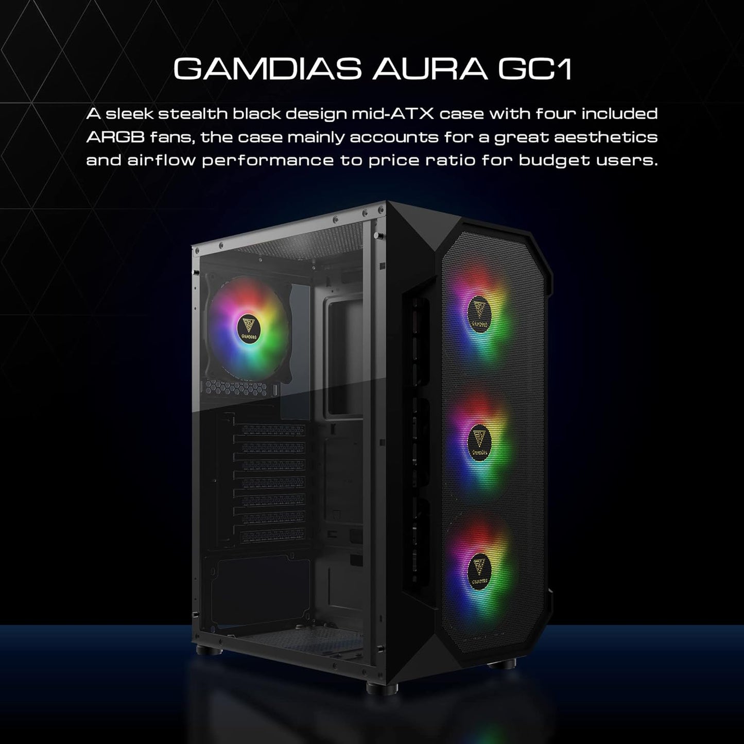 GAMDIAS ATX Mid Tower Gaming Computer PC Case with Side Tempered Glass, 4X 120Mm ARGB Case Fans and Sync with 5V RGB Motherboard