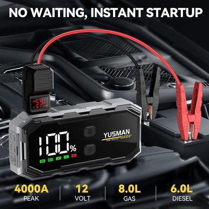 Car Jump Starter, 4000A 12V Jump Starter Battery Pack (8.0 Gas/6.0L Diesel), Safe Car Jumper Box with Display, Car Jump Starter with Extended Smart Jumper Cables, Quick Charge 3.0, LED Light