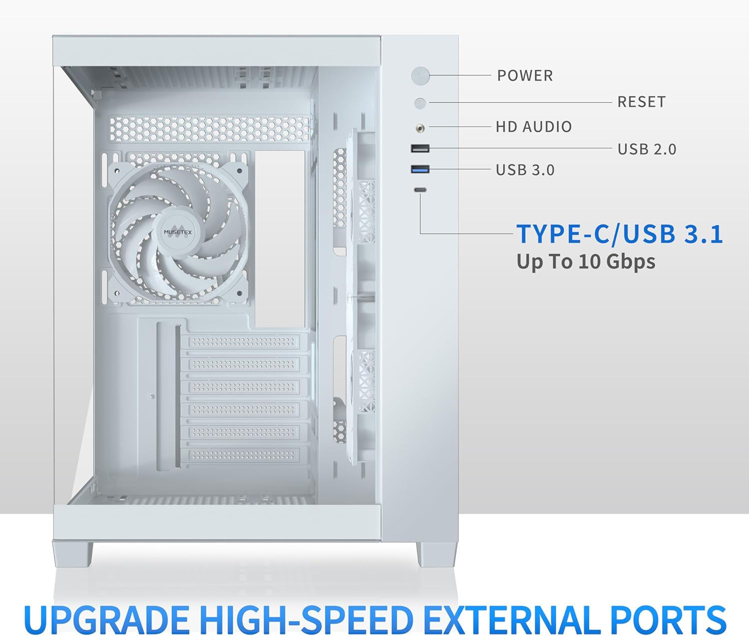 MUSETEX ATX PC Case, 360MM RAD Support, 3 X 120Mm Fans Pre-Installed, 270° Full View Tempered Glass Gaming PC Case with Type-C, Mid Tower ATX Computer Case, White, Y6