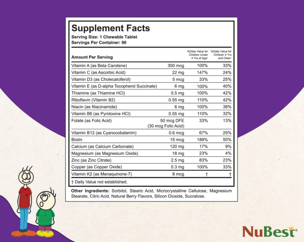 Nubest Tall Kids - Toddlers Vitamins and Kids Vitamins for Age 2 to 9 - Support Bone Strength, Overall Health and Immunity - Animal Shapes - 90 Chewable Berry Tablets | 1.5 Month Supply