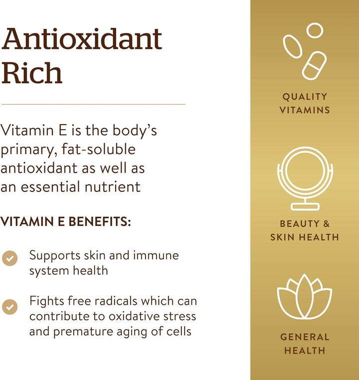 Solgar Vitamin E 268 MG (400 IU) (D-Alpha Tocopherol & Mixed Tocopherols), 100 Softgels - Supports Immune System & Skin Nutrition - Natural Antioxidant - Gluten Free, Dairy Free - 100 Servings