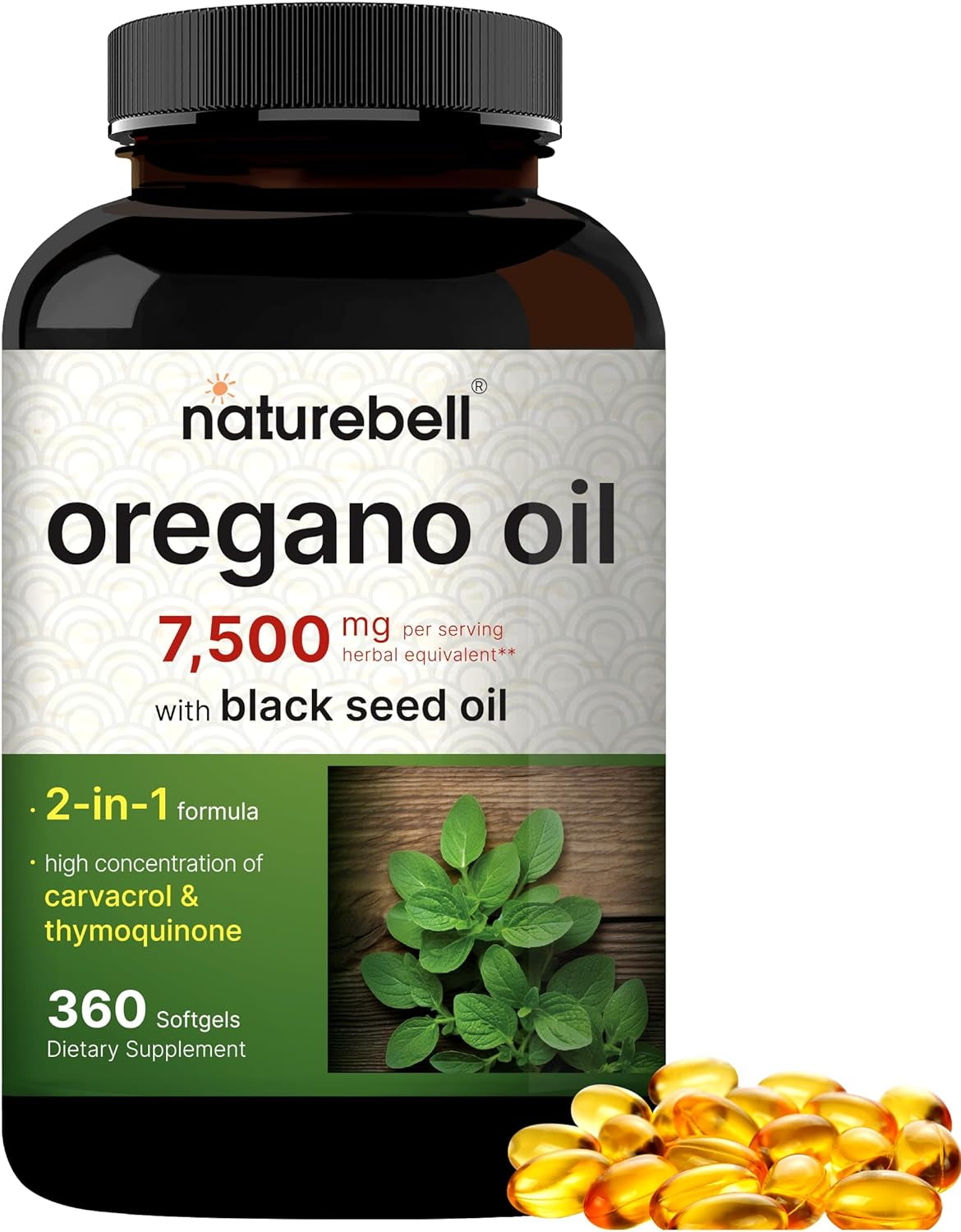 Naturebell Oregano Oil 7,500Mg with Black Seed Oil, 360 Softgels | 360-Day Supply Essential Oils for Immune Health | Retains High Concentrated Carvacrol & Thymoquinone – Non-Gmo