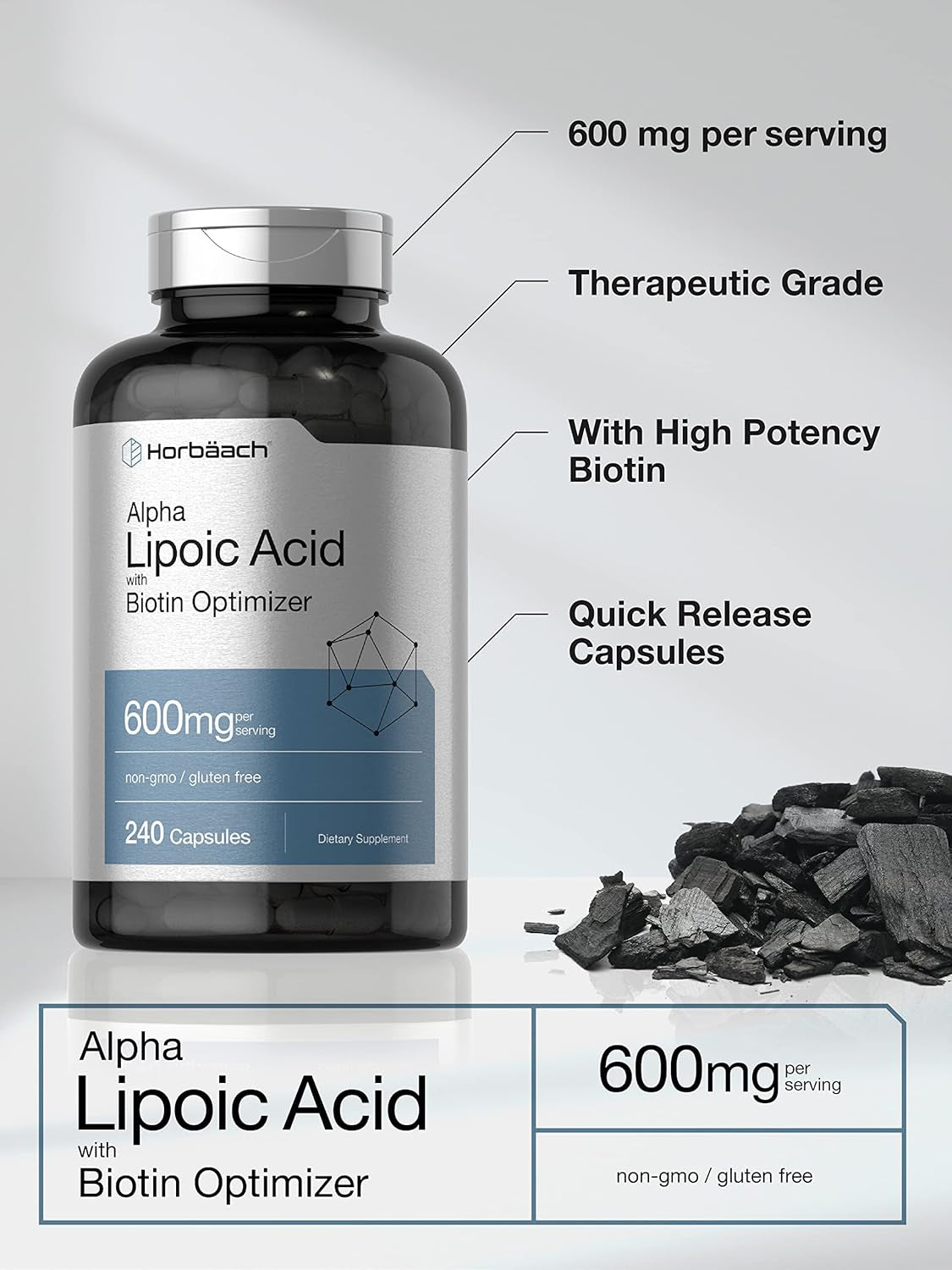 Horbäach Alpha Lipoic Acid 600Mg | 240 Capsules | with Biotin Optimizer | Non-Gmo and Gluten Free Supplement