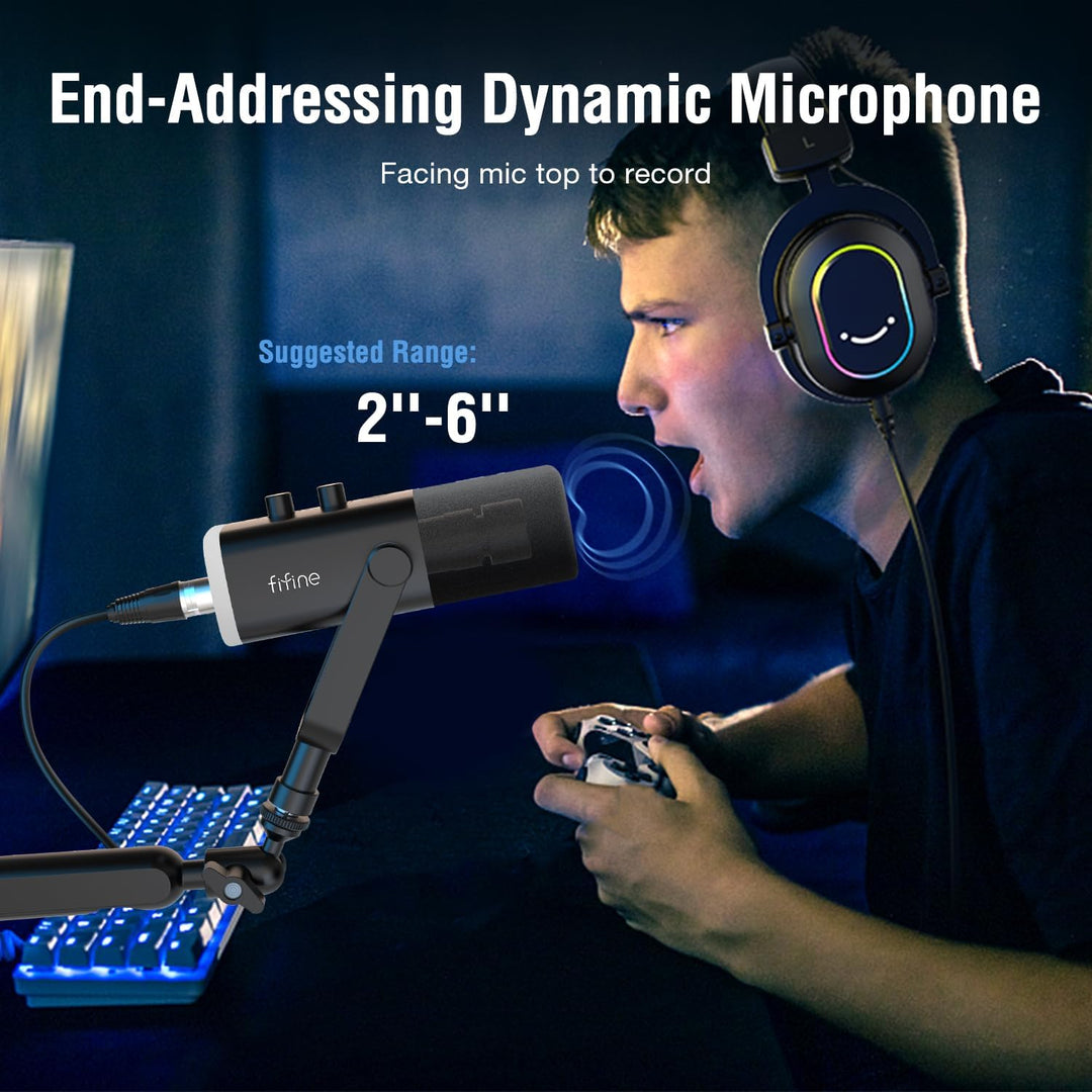 FIFINE Gaming Microphone and Low Profile Arm Stand Bundle, XLR/USB Dynamic Mic with Mute Button, RGB Light, Desktop Stand, Adjustable Boom Arm Kit with Screw Adapter for Streaming Studio (AM8+BM88)