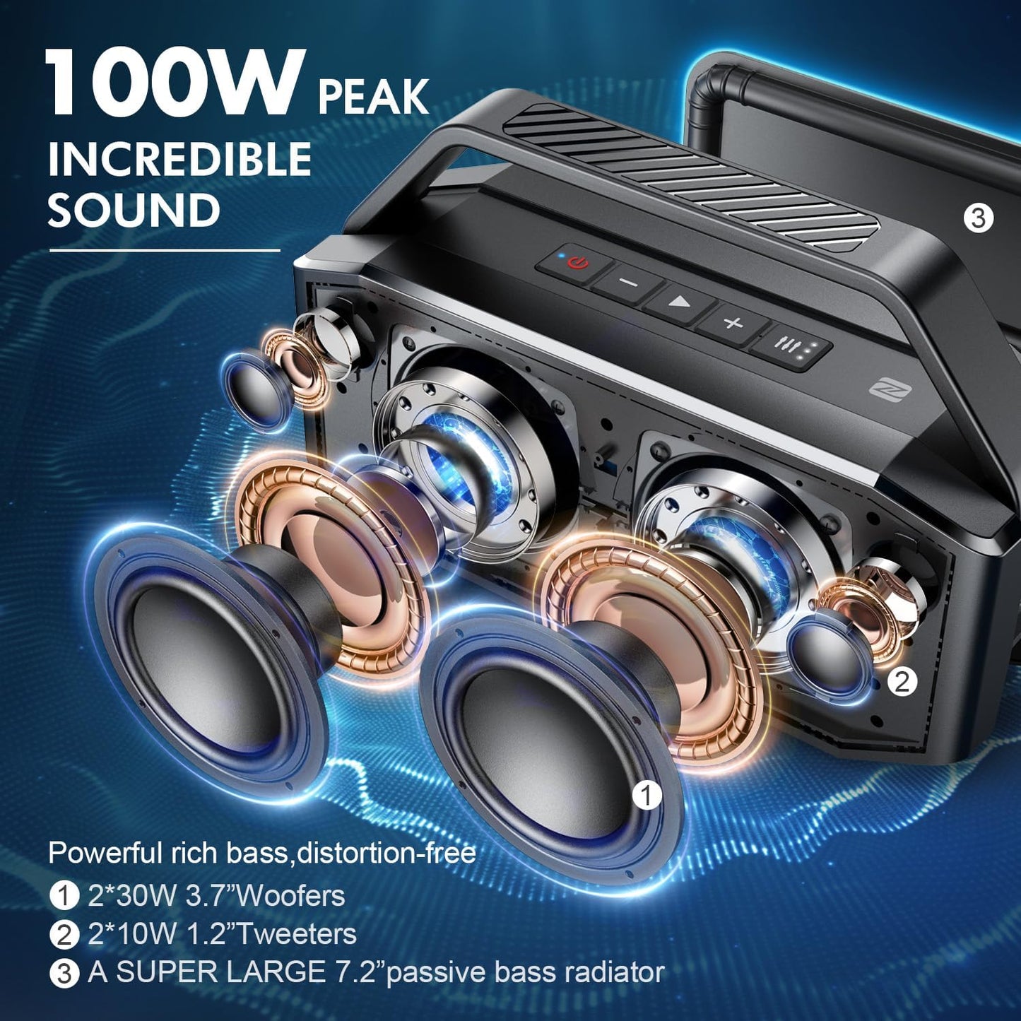 W-KING Bluetooth Speaker- 100W Peak 60W RMS Deep Bass, IPX6 Portable Waterproof Loud Bluetooth Speakers Wireless with Subwoofer, 40H/Power Bank/Tf/Aux/Eq, Party Boombox Outdoor Large Bluetooth Speaker