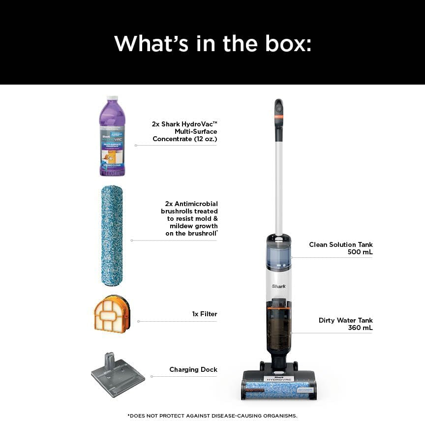 Shark Wet Dry Vacuum Mop All-In-One Cordless Hardfloor Cleaner, Hydrovac Messmaster, 3-In-1 Self-Cleaning System, Strong Suction with 2 Brushrolls & 2 Solutions, for Hard Floors & Area Rugs, AW261