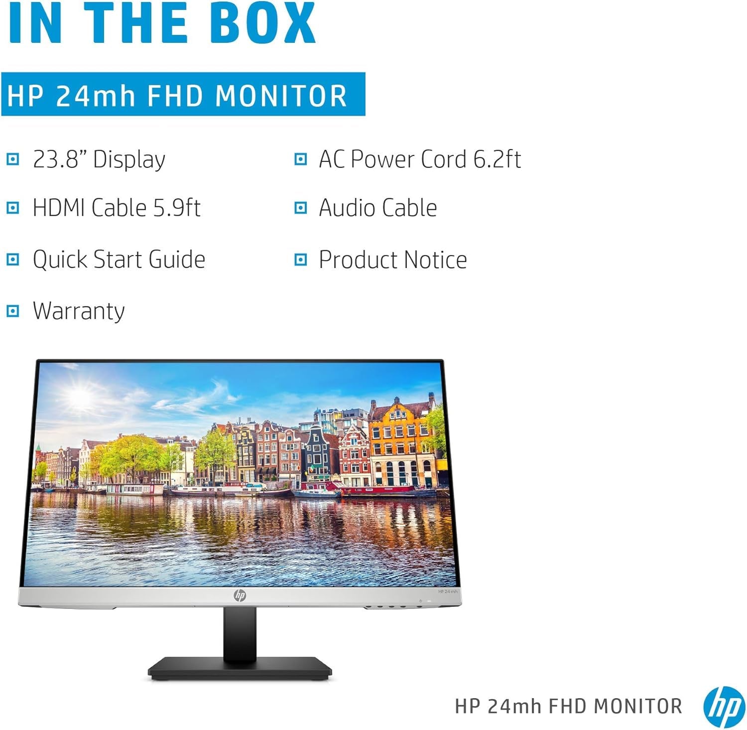 HP 24Mh FHD Computer Monitor with 23.8-Inch IPS Display (1080P) - Built-In Speakers and VESA Mounting - Height/Tilt Adjustment for Ergonomic Viewing - HDMI and Displayport - (1D0J9AA#ABA)