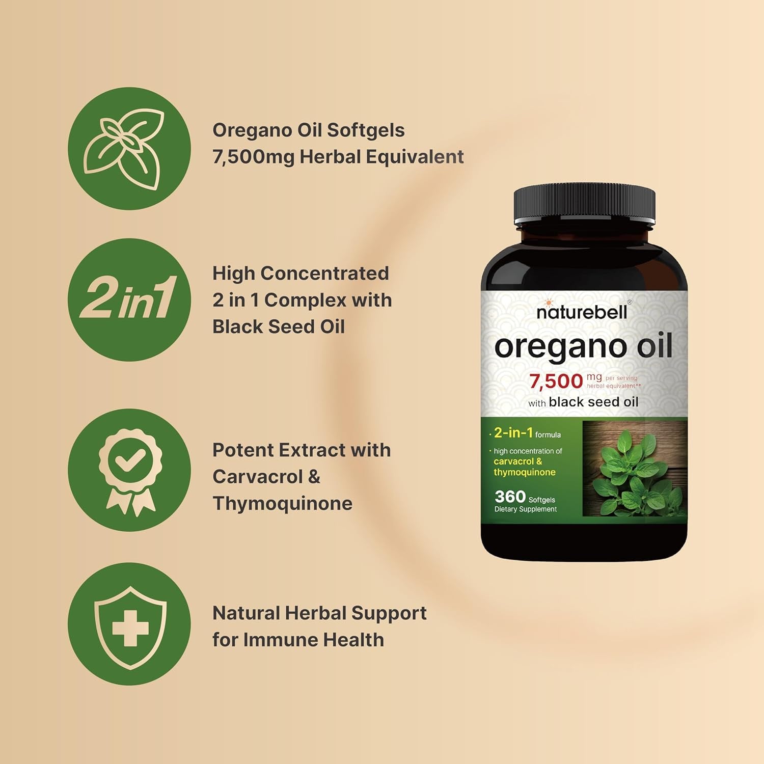 Naturebell Oregano Oil 7,500Mg with Black Seed Oil, 360 Softgels | 360-Day Supply Essential Oils for Immune Health | Retains High Concentrated Carvacrol & Thymoquinone – Non-Gmo