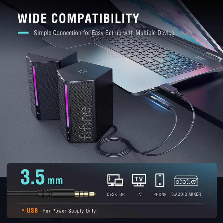 FIFINE Computer Speakers, Desktop PC Speakers with Volume Control, RGB Gaming Loudspeakers Wired with 3.5Mm Aux Audio Cable for Laptop Monitor Phone Tablet-Ampligame A20