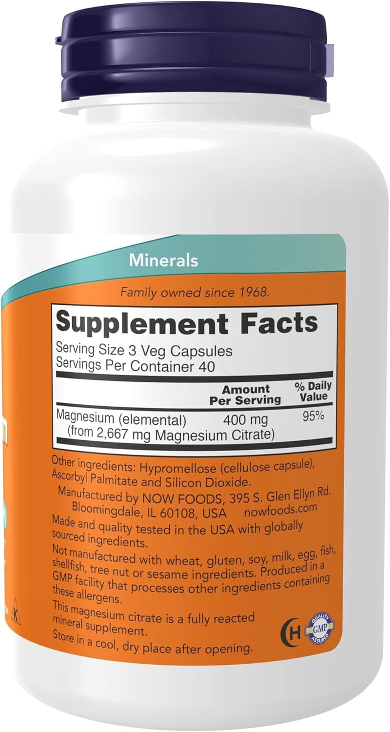 NOW Supplements, Magnesium Citrate, Enzyme Function*, Nervous System Support*, 120 Veg Capsules