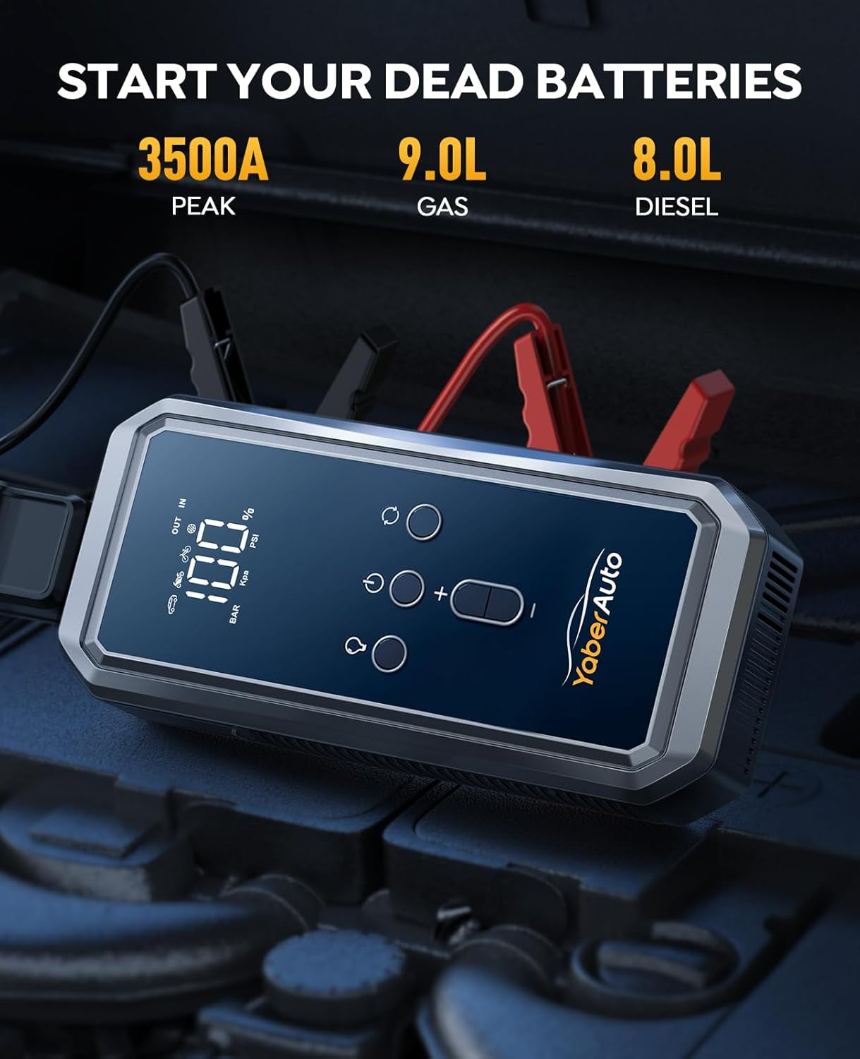 Portable Car Jump Starter with Air Compressor, Yaberauto 150PSI 3500A Car Battery Jump Starter (9.0 Gas/8.0L Diesel), 12V Jump Box Car Battery Jumper Starter with Large LCD Display, Lights