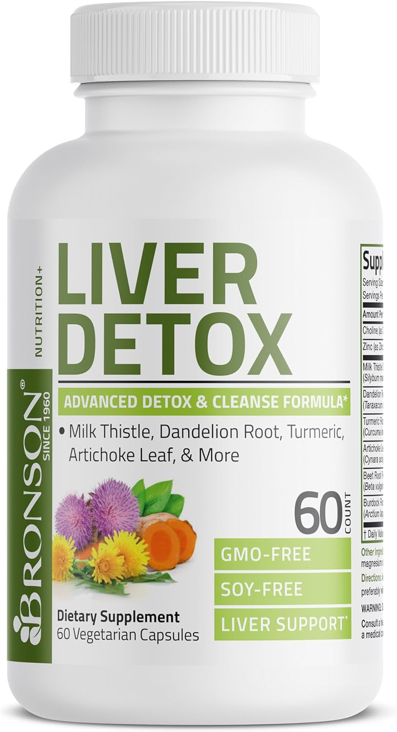 Bronson Liver Detox Advanced Detox & Cleansing Formula Supports Health Liver Function with Milk Thistle, Dandelion Root, Turmeric, Artichoke Leaf & More, Non-Gmo, 60 Vegetarian Capsules