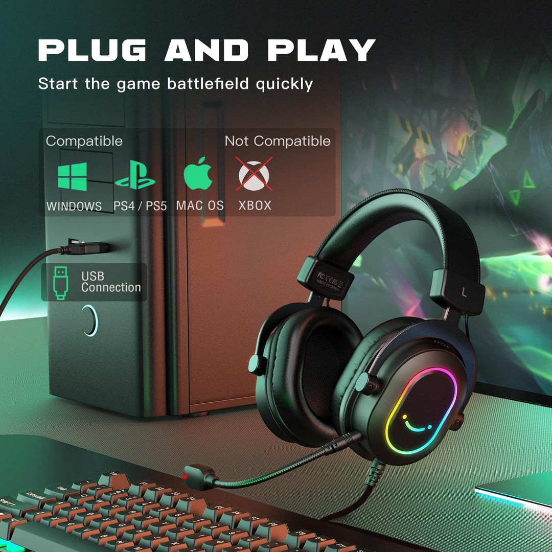 FIFINE Gaming Headset for Pc-Wired Headphones with Microphone-7.1 Surround Sound Computer USB Headset for Laptop, Streaming Headphones on PS4/PS5, with EQ Mode, RGB, Soft Ear Pads - Ampligame H6