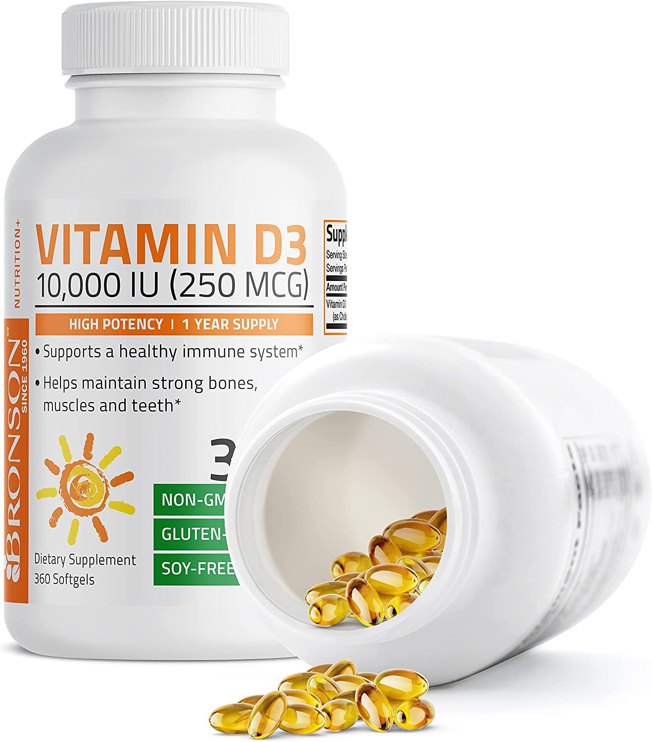 Bronson Vitamin D3 10,000 IU (250 Mcg) High Potency - Supports Healthy Immune System, Strong Bones, Muscles & Teeth - Non GMO, 360 Softgels (1 Year Supply)