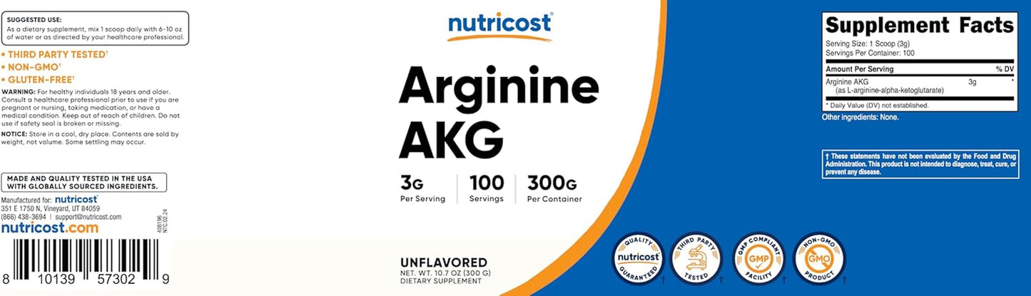 Nutricost Arginine AKG Powder 300 Grams (AAKG) - 3G per Serving & 100 Servings - Pure Arginine Alpha Ketoglutarate