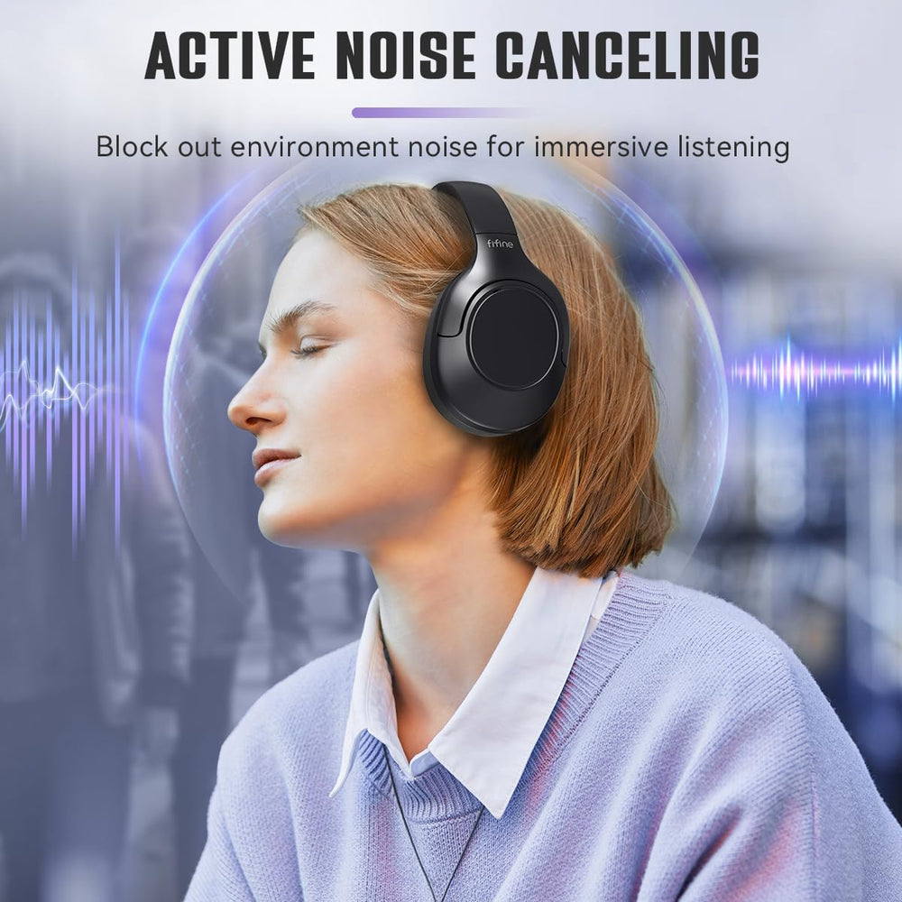 FIFINE Wireless Bluetooth Headphones, Over-Ear Noise Canceling Headphones with Soft Earmuffs, up to 65H Playtime for Music, Phone Calls, Sport Travel Headset for Iphone/Android/Tablet-X3 Black