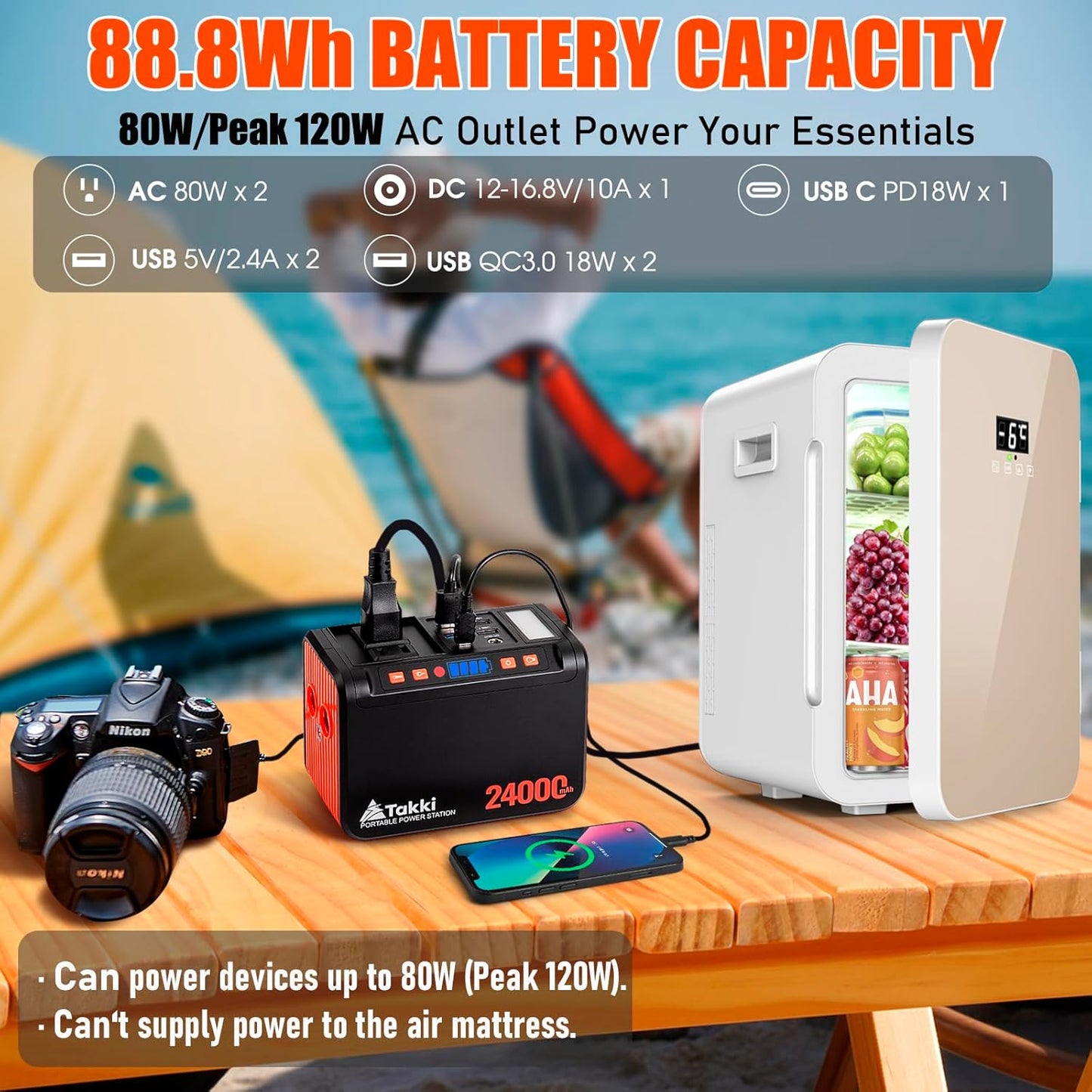 Takki Portable Power Station 88Wh Solar Generator Power Bank with 110V AC DC USB Ports LED Flashlight for Camping Home Emergency Power Backup(Solar Panel Not Included)