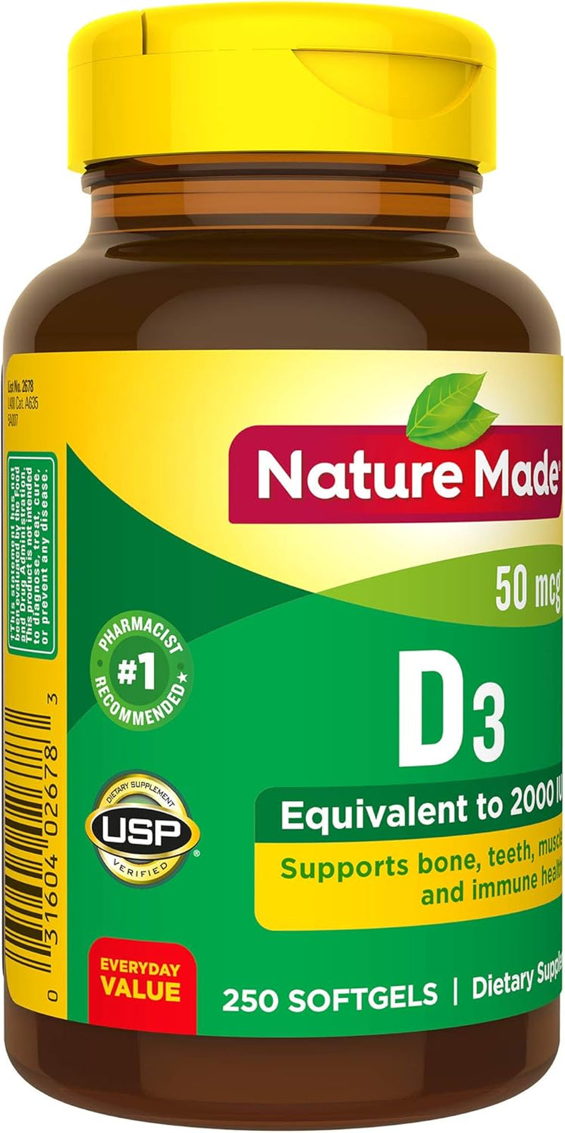 Nature Made Vitamin D3 2000 IU (50 Mcg), Dietary Supplement for Bone, Teeth, Muscle and Immune Health Support, 250 Softgels, 250 Day Supply