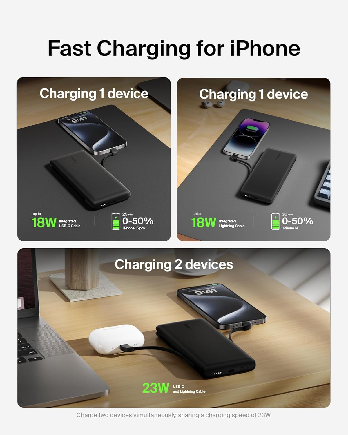 Belkin Power Bank, Boostcharge plus 10K Mah Portable Charger W/Integrated Lightning Cable & USB-C Cable - Iphone Charger - Battery Pack for Iphone 16 Pro Max, Iphone 16, Iphone 15, Iphone 14 - Black