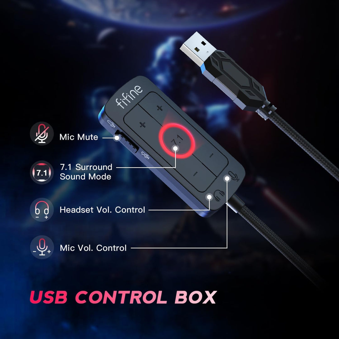 FIFINE PC Gaming Headset, USB Headset with 7.1 Surround Sound, Detachable Microphone, Control Box, 3.5Mm Headphones Jack, Over-Ear Wired Headphones for Ps5/Xbox/Switch, Black-Ampligame H9