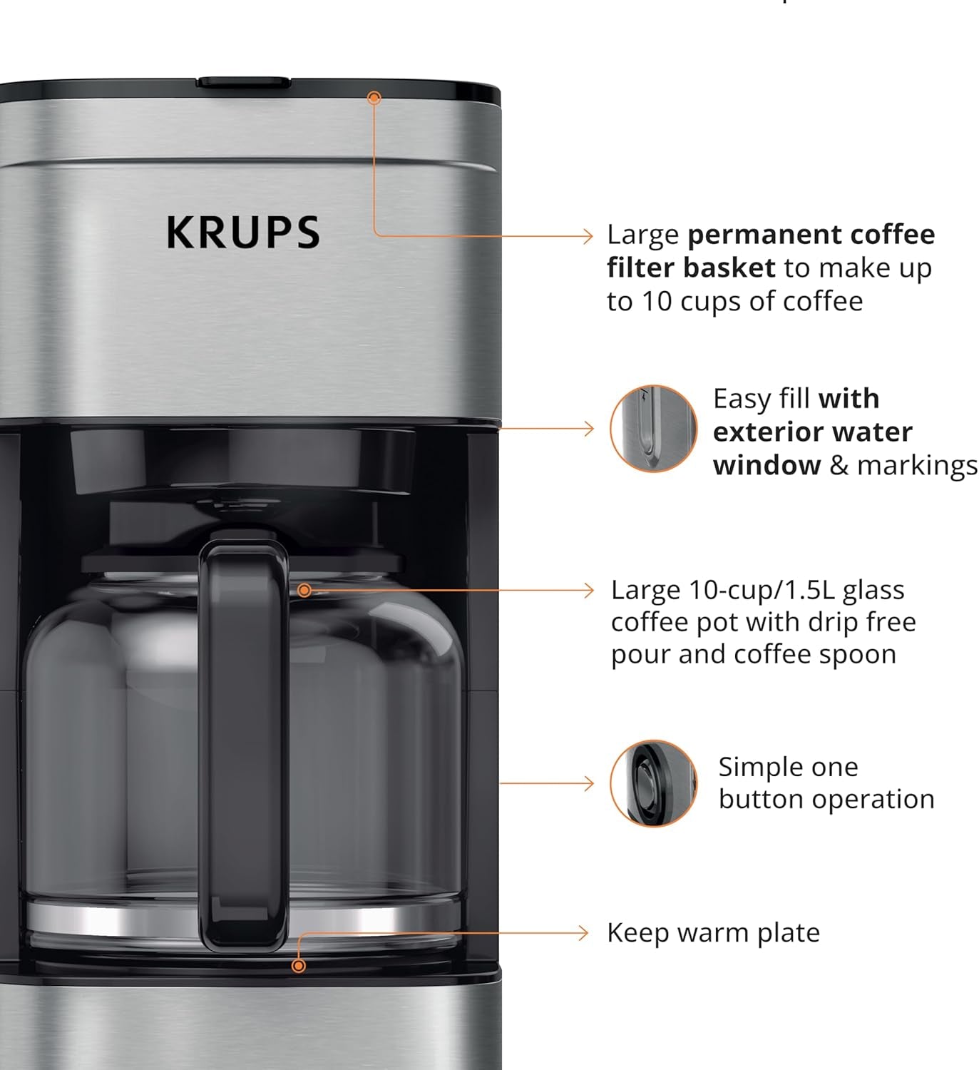 KRUPS Coffee Maker 10 Cups Simply Brew Stainless Steel Drip Coffee Maker, 900 Watts Coffee Filter, Drip Free, Dishwasher Safe Pot Silver and Black