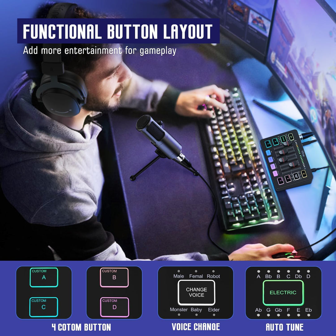 FIFINE Audio Equipment Bundle for Gaming Podcast, Streaming RGB Mixer Set with XLR Dynamic Vocal Microphone, Voice Recording Kit Set with Volume Fader, Individual Control, Mute, Monitoring-Ks3