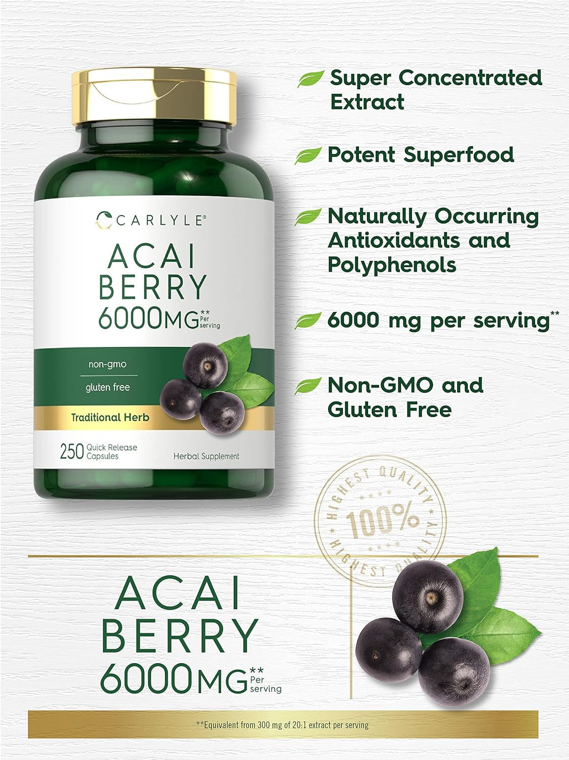 Carlyle Acai Berry Capsules 6000Mg | 250 Count | Non-Gmo & Gluten Free Acai Berry Extract