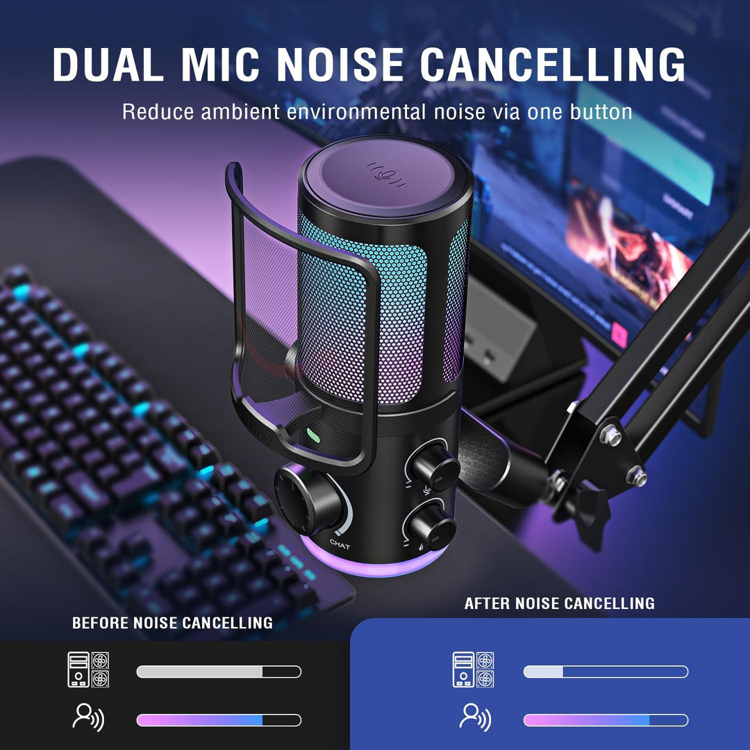 FIFINE AM6T USB Streaming Microphone for PC Gaming, Professional Condenser Mic with RGB, Noise Cancellation&Game/Chat Mixer-Plug & Play for Discord Chat/Streamer/Podcaster, with Boom Arm&Pop Filter