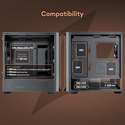 Genuine Walnut Wood PC Case, Support 360Mm Radiator on Top, Pre-Installed 4 X 120Mm PWM Fans ATX Case, Type-C Port, Magnetic Tempered Glass Side Panel, Black Computer Case, Cypress 7