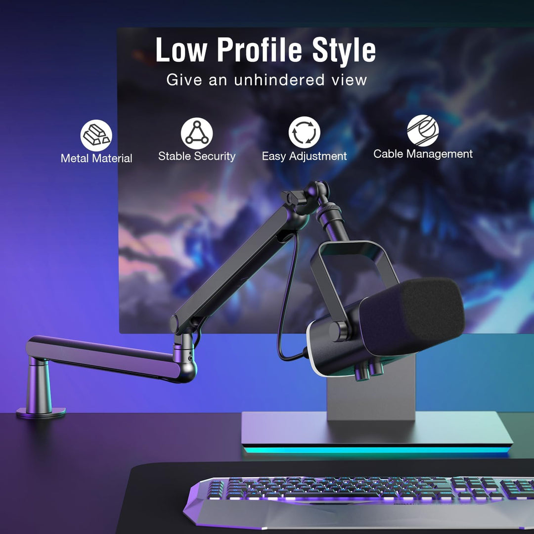 FIFINE Gaming Microphone and Low Profile Arm Stand Bundle, XLR/USB Dynamic Mic with Mute Button, RGB Light, Desktop Stand, Adjustable Boom Arm Kit with Screw Adapter for Streaming Studio (AM8+BM88)