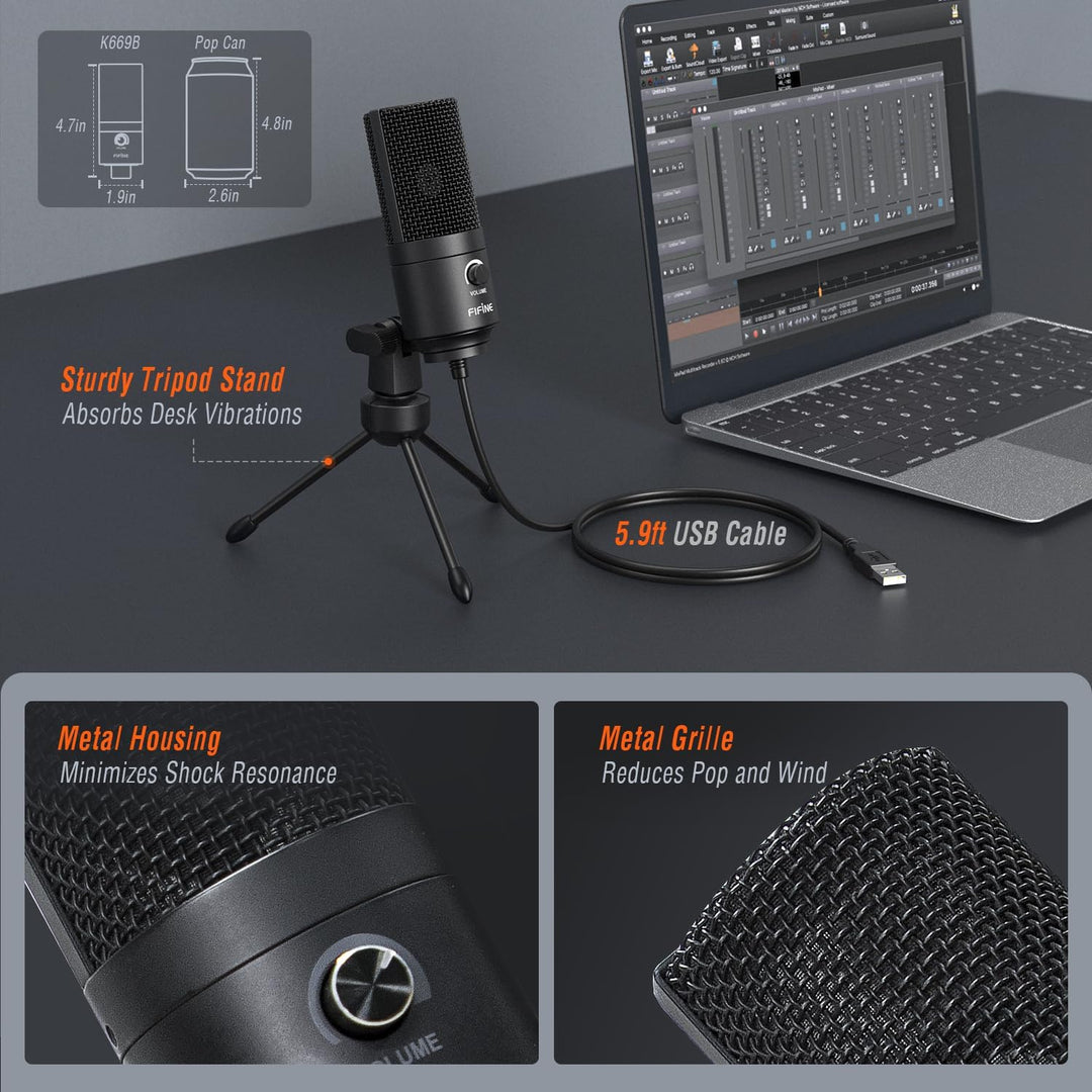 FIFINE USB Microphone, Metal Condenser Recording Microphone for MAC OS, Windows, Cardioid Laptop Mic for Recording Vocals, Voice Overs, Streaming, Meeting and Youtube Videos-K669B