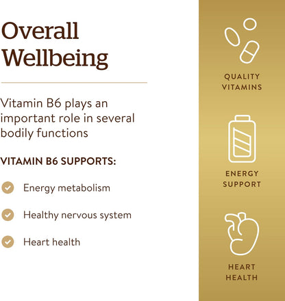 Solgar Vitamin B6 100 Mg, 100 Tablets - Supports Energy Metabolism, Heart Health & Healthy Nervous System - B Complex Supplement - Vegan, Gluten Free, Dairy Free, Kosher - 100 Servings