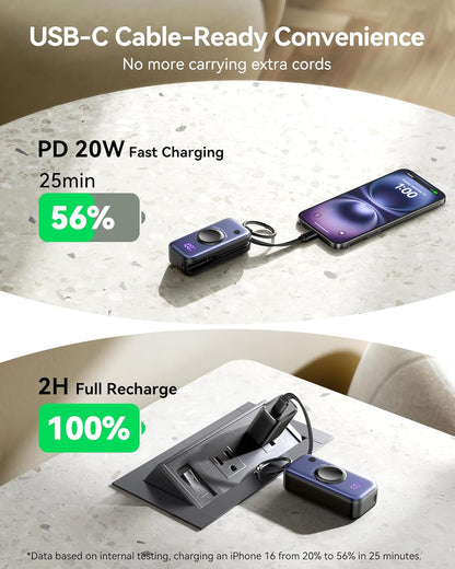 INIU 3-In-1 Portable Charger, Small 5000Mah Power Bank with Built-In USB C Cable and Watch Charger, 20W PD Fast Charging Battery Pack, Travel Charger for Iphone 16 15, Apple Watch, Etc