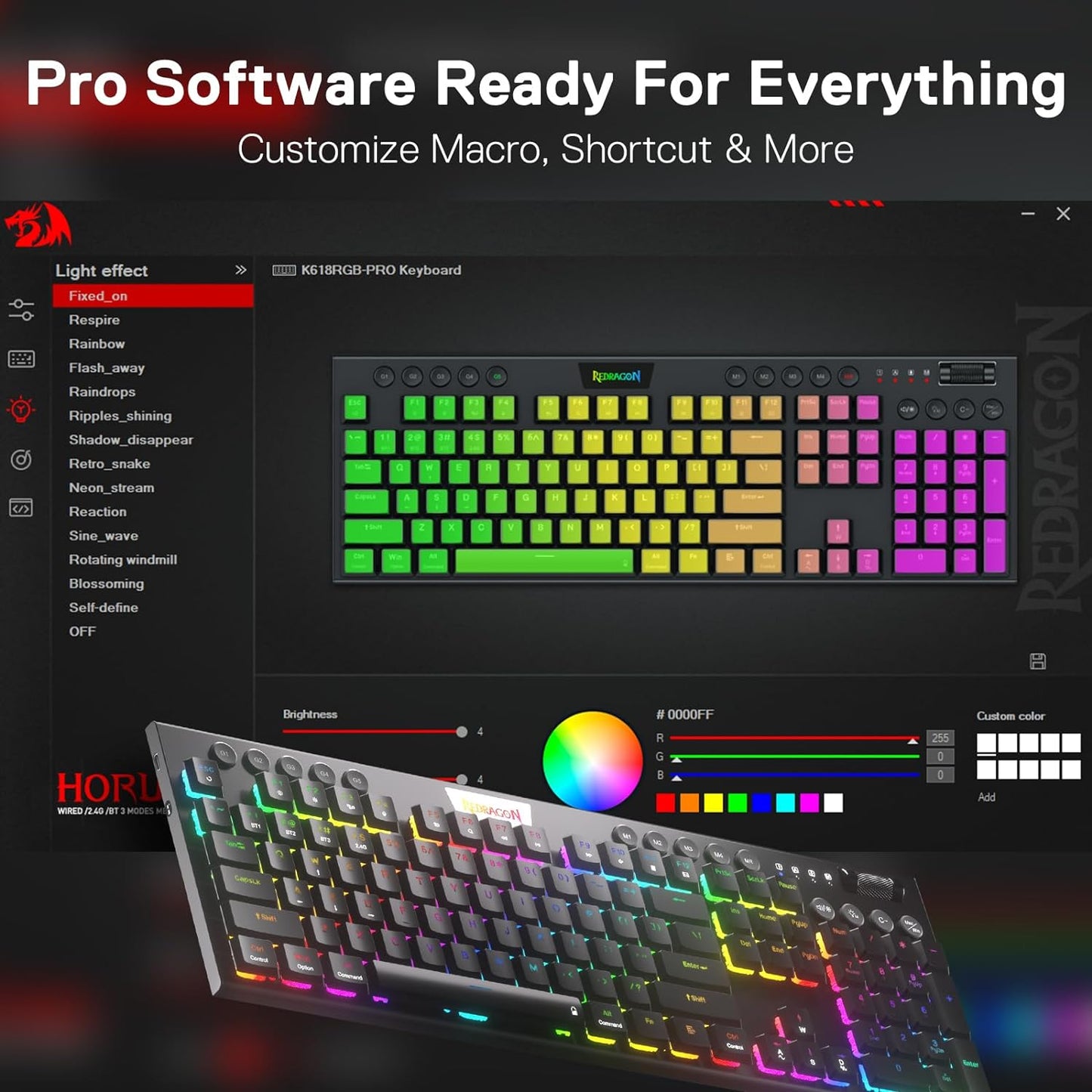 Redragon K618 PRO 3-Mode Wireless RGB Mechanical Keyboard, Bt/2.4Ghz/Wired Low Profile Win/Mac Gaming Keyboard W/Ultra-Thin Design, Dedicated Media Control & Linear Red Switch