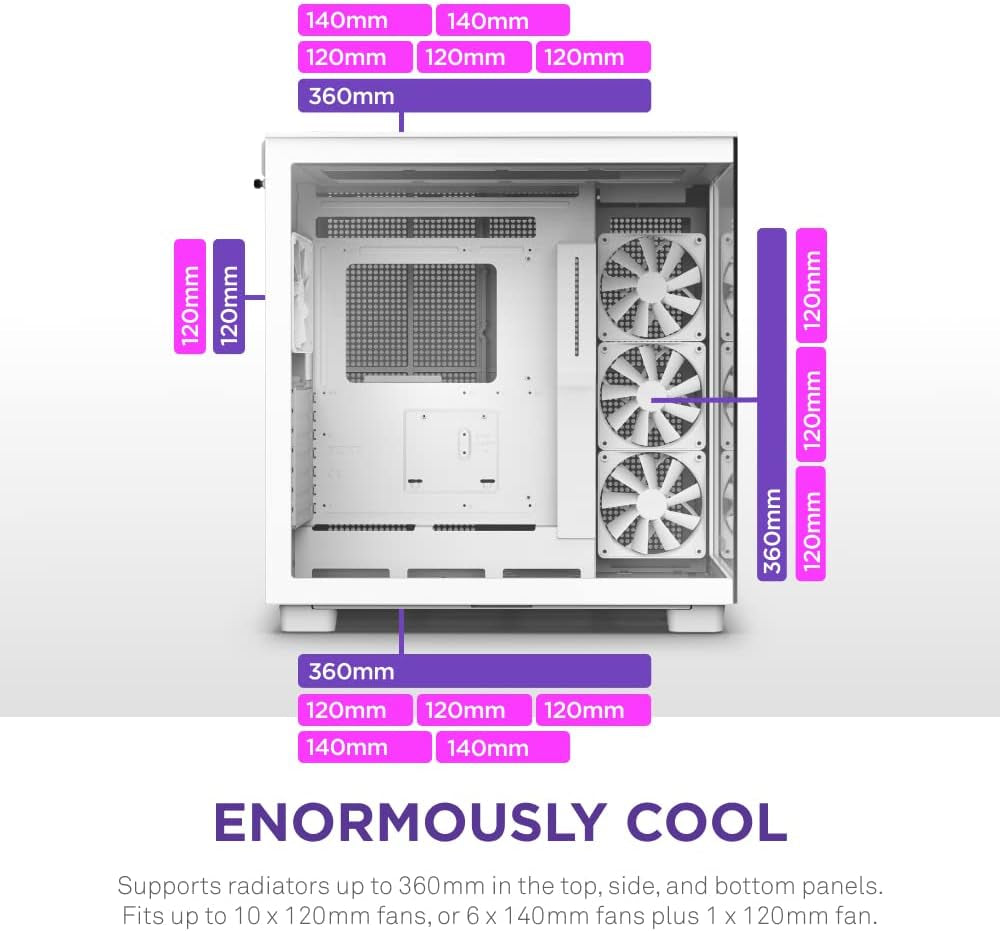 NZXT H9 Flow Dual-Chamber ATX Mid-Tower PC Gaming Case – High-Airflow Perforated Top Panel – Tempered Glass Front & Side Panels – 360Mm Radiator Support – Cable Management – White