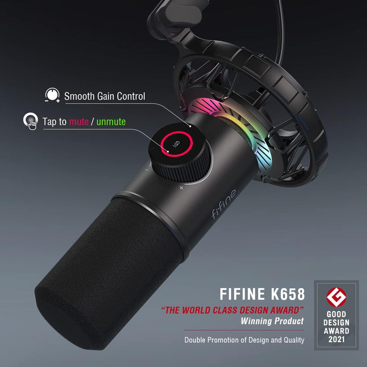 FIFINE USB Gaming Microphone, RGB Dynamic Mic for PC, with Tap-To-Mute Button, Plug & Play Cardioid Mic with Headphone Jack for Streaming, Podcast, Twitch, Youtube, Discord- K658