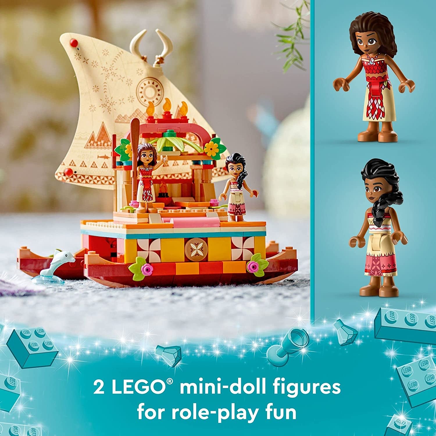 LEGO Disney Princess Moana'S Wayfinding Boat Building Toy 43210 Disney Princess Toy Set with Moana and Sina Mini-Dolls, Dolphin Figure, Disney-Inspired Pretend Play Toy for Kids Boys Girls Ages 6+