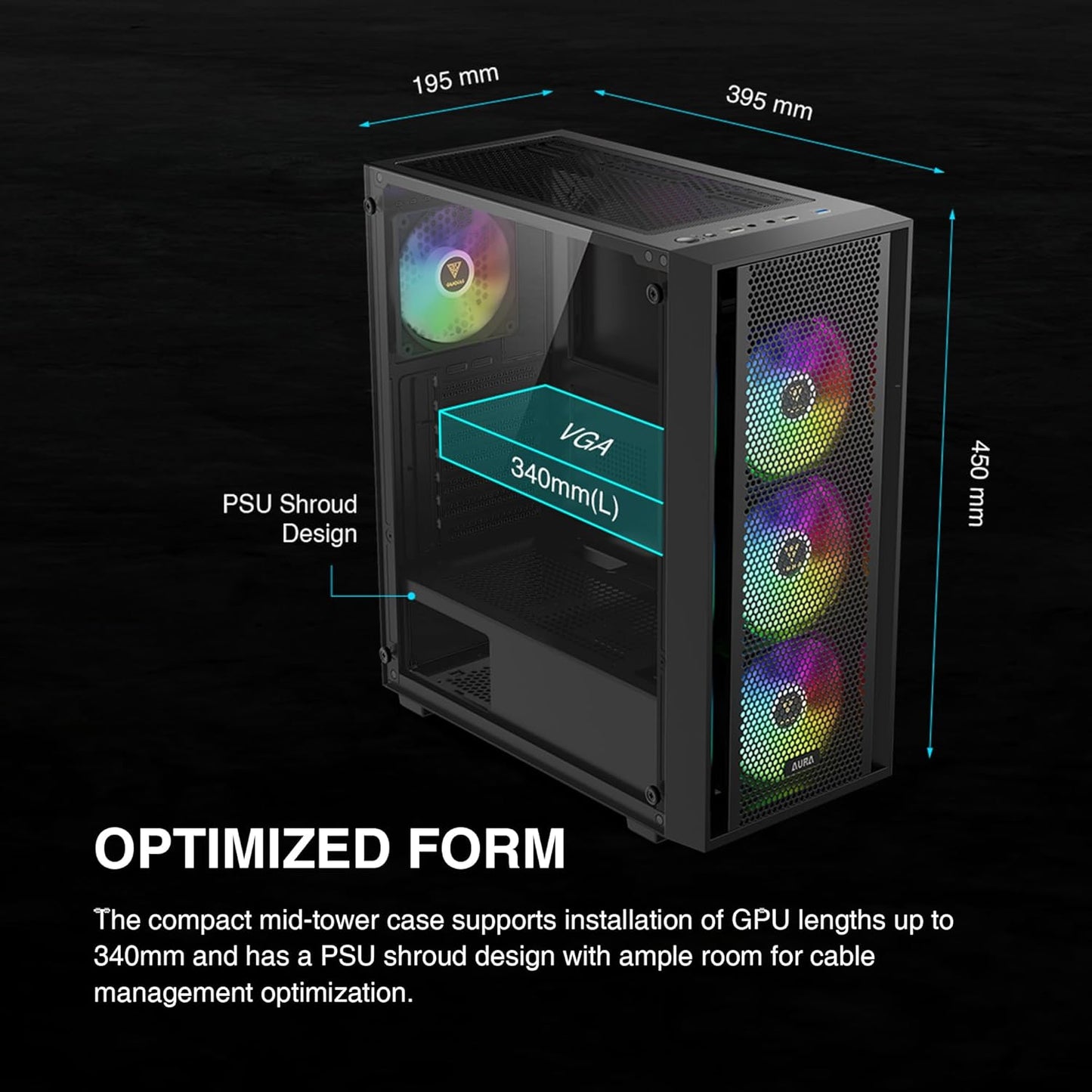 GAMDIAS ATX Mid Tower Computer PC Case with Tempered Glass, 4X 120Mm ARGB PWM Fans Gaming Case, Support up to 6X 120Mm Fans, 360Mm Aio/Radiator, 260Mm GPU/VGA, 160Mm CPU Air Cooler