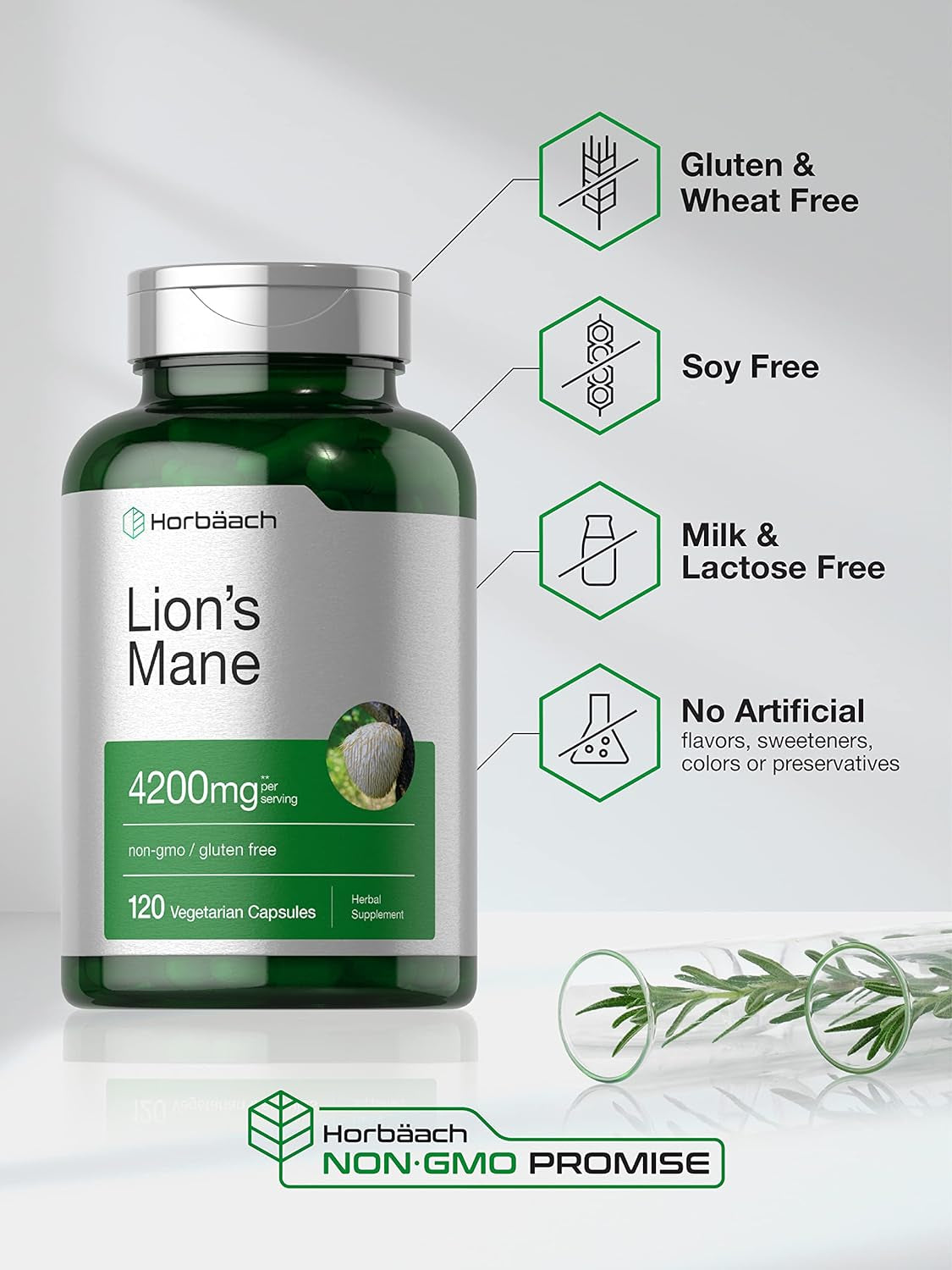 Horbäach Lions Mane Mushroom Extract | 4200Mg | 120 Capsules | Vegetarian, Non-Gmo, Gluten Free Supplement