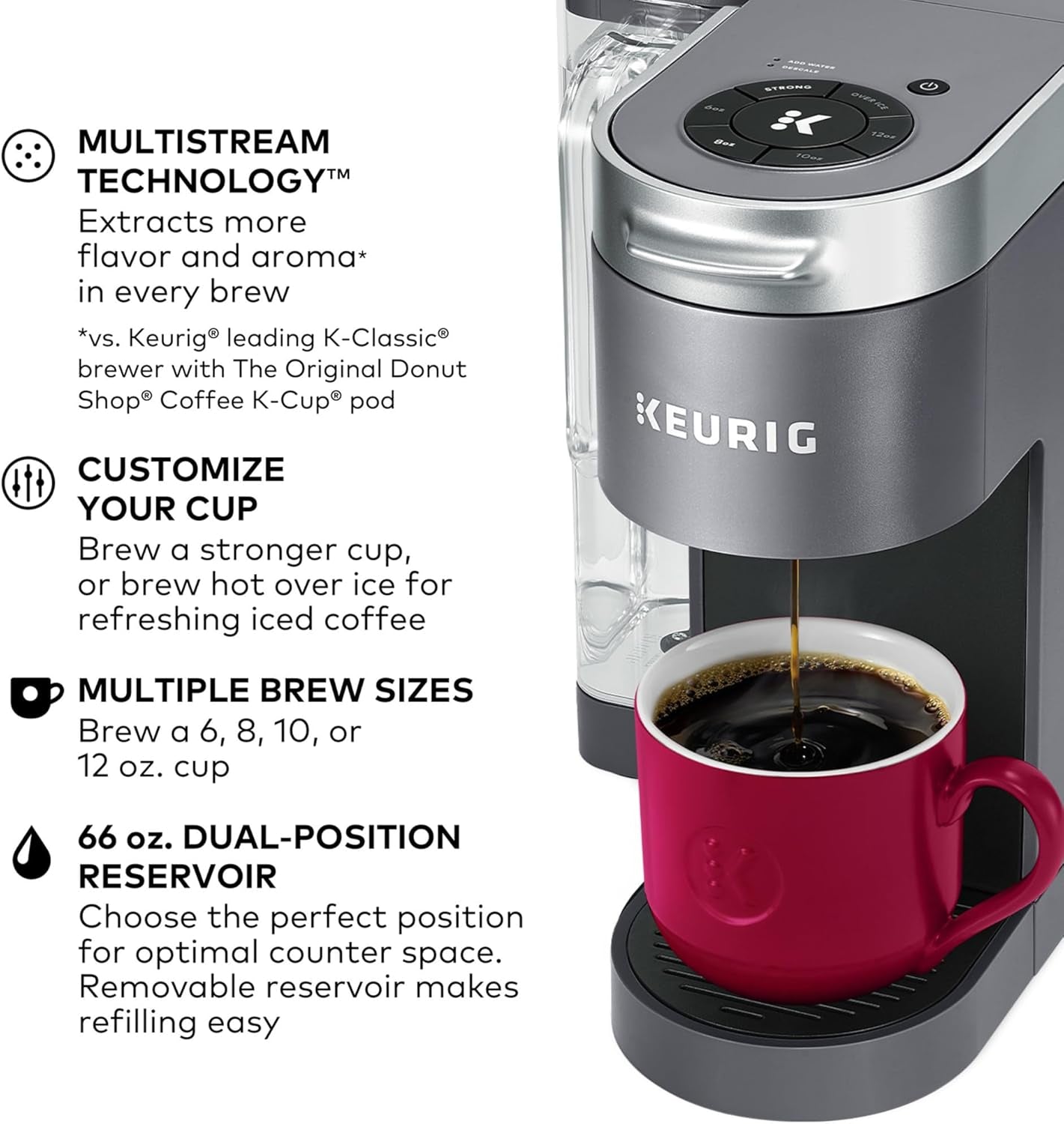 Keurig K-Supreme Single Serve K-Cup Pod Coffee Maker, Multistream Technology, 4 Brew Sizes, 66Oz Dual-Position Removable Reservoir, Gray