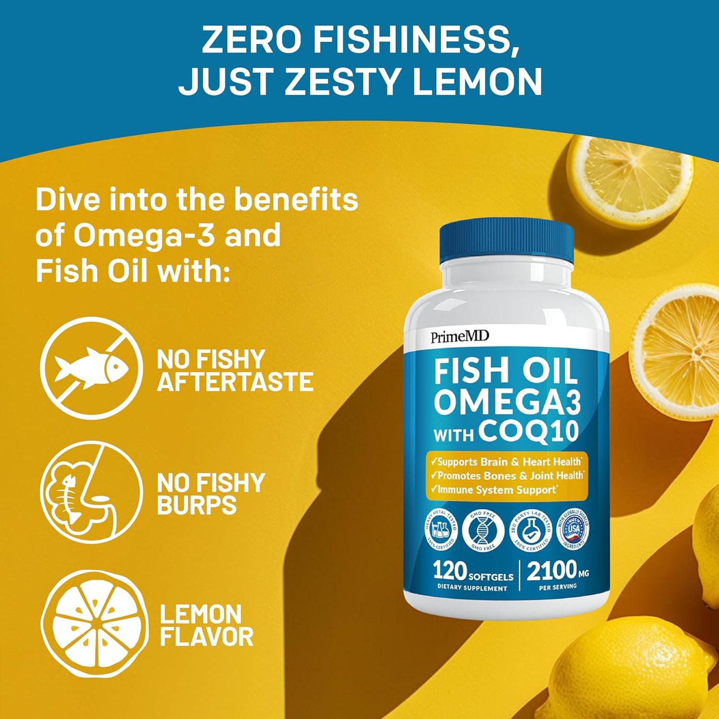 5-In-1 Fish Oil Omega 3 Supplements (2100Mg) - Omega 3 Fish Oil with Vitamins D3 & K2 and Coq10 - EPA DHA Omega 3 Supplement - Lemon Flavored Omega 3 Fatty Acid Supplements - (120 Softgels)