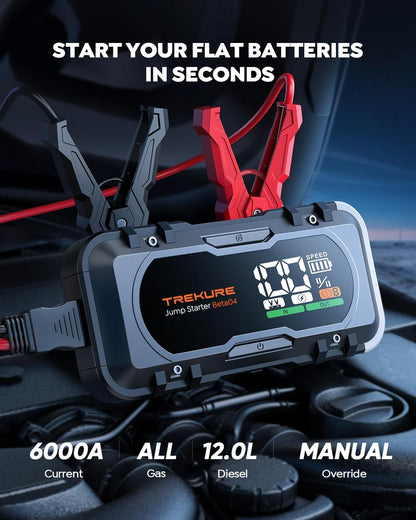 Car Jump Starter 6000A 8-In-1 65W Charging Car Battery Jump Starter Battery Pack (All Gas/10L Diesel) Jump Box Car Battery Jumper Starter Portable with Extended Jumper Cables