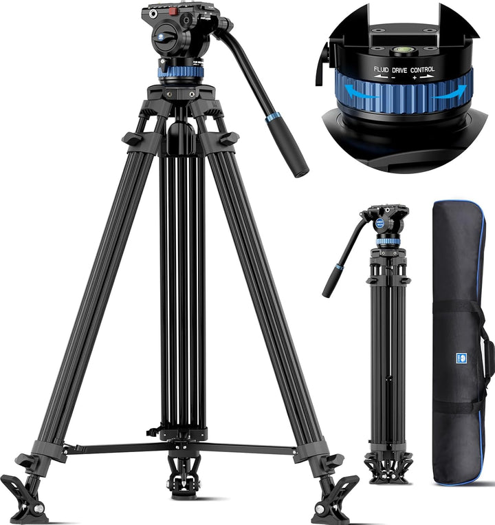 SIRUI AM-25S Video Tripod, 74.8" Professional Heavy Duty Tripod with Adjustable Damping Fluid Head for Camcorder, Cameras, DSLR, 360° Pan & +90°/-75° Tilt, Quick Release Plate, Max Load 22.0Lb