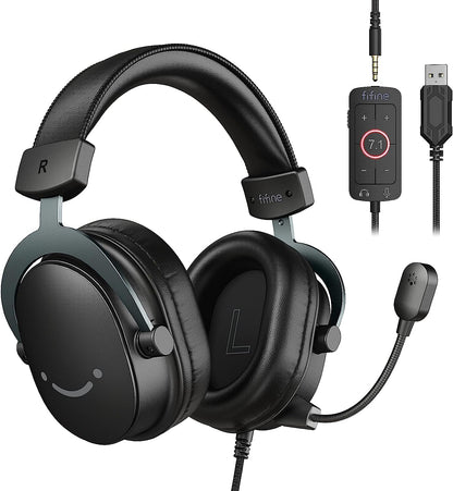 FIFINE PC Gaming Headset, USB Headset with 7.1 Surround Sound, Detachable Microphone, Control Box, 3.5Mm Headphones Jack, Over-Ear Wired Headphones for Ps5/Xbox/Switch, Black-Ampligame H9