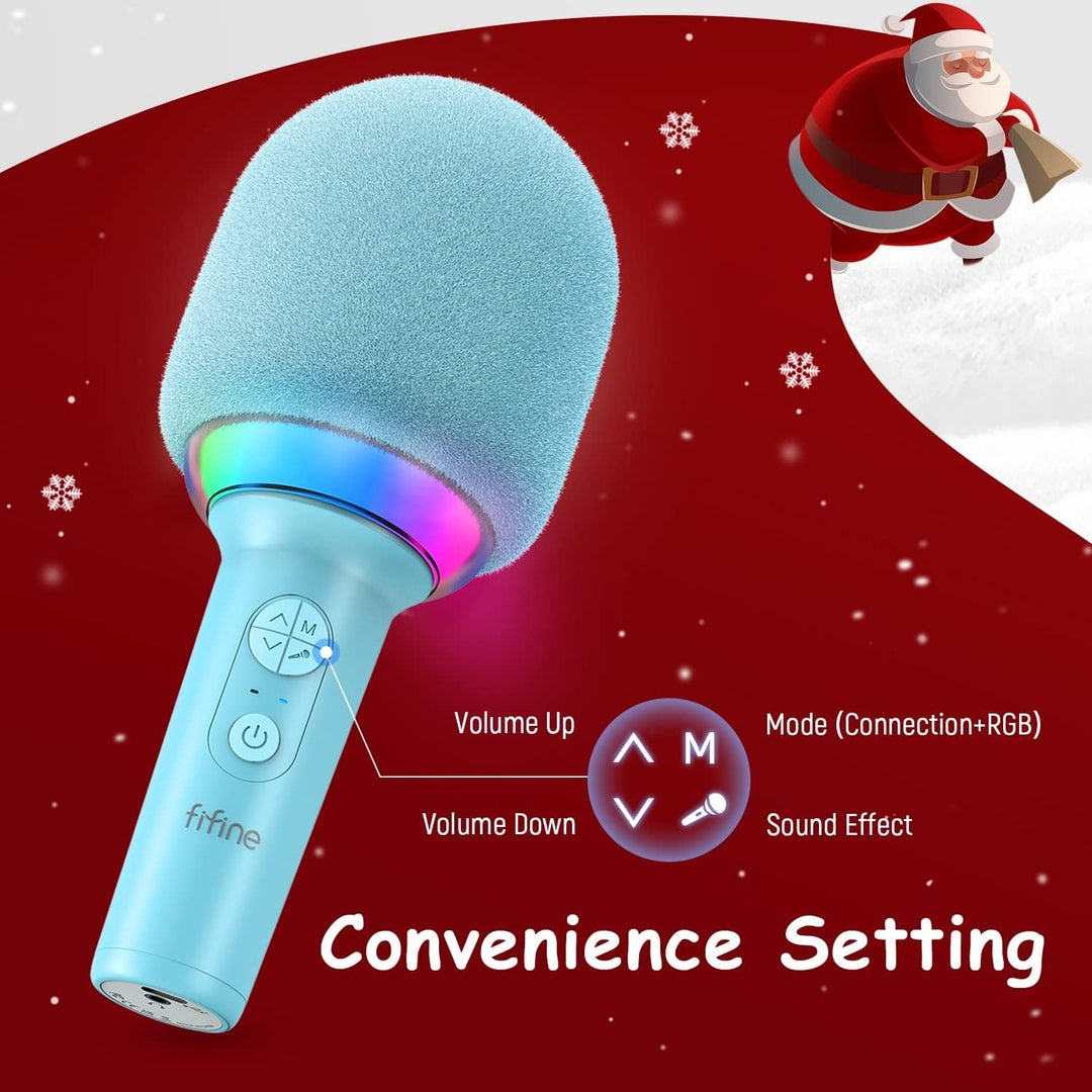 FIFINE Wireless Bluetooth Karaoke Microphone with Built-In Speaker, Portable Singing Microphone for Kids Adults Party Gifts with RGB LED Lights, Magic Voice, for Phone-Amplising E2 Blue